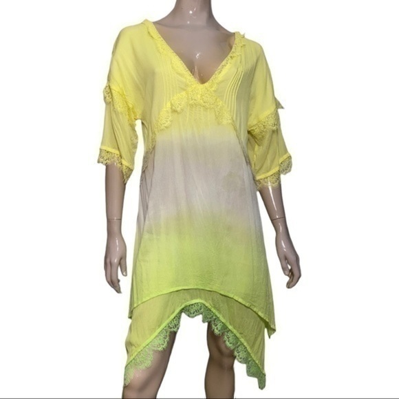 Pink Memories Women’s Size 42 L Yellow Green Tan Tie Dye Lace Trimmed Dress - Picture 2 of 8